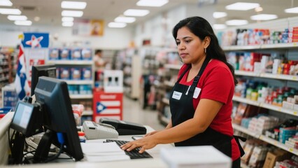 Focused Puerto Rican woman cashier working in a retail store. Concept of an authentic essential worker, diversity, and professional customer service.