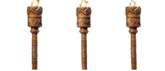 Three Carved Wooden Torches With Burning Flames Isolated Against Transparent Background
