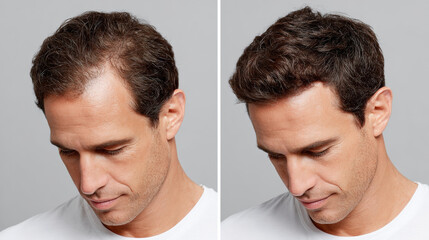 Before and after hair restoration showing improved hair density man with dark brown hair wearing white shirt, demonstrating confidence