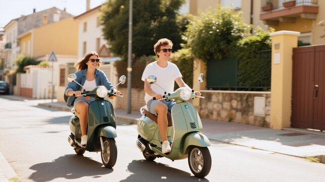 Happy couple riding a vintage scooter in summer on vacation. Concept of a travel lifestyle, road trip adventure, freedom and romance. - Powered by Adobe