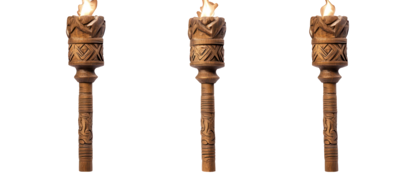 Three Carved Wooden Torches With Burning Flames Isolated Against Transparent Background