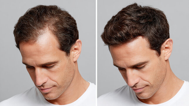 Before and after hair restoration showing improved hair density man with dark brown hair wearing white shirt, demonstrating confidence