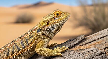 Fototapeta premium Curious Bearded Dragon Portrait on Desert Log with Studio Lighting