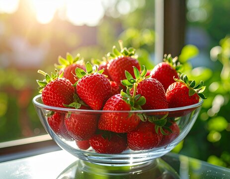 Fresh strawberries bursting with flavor, showcased in a clear glass bowl bathed in warm sunlight, with a blurred green garden background