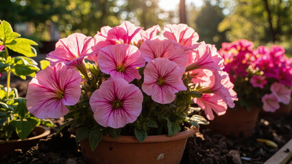 Close up of pink petunia flowers in terracotta pots with green foliage and sunlight in a garden setting