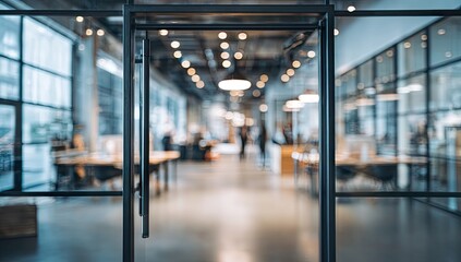 Modern office interior, seen through a glass door