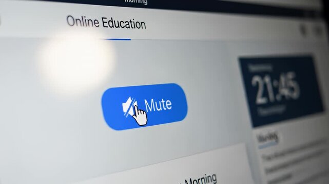 Finger presses blue mute button on screen displaying "Online Education" and time