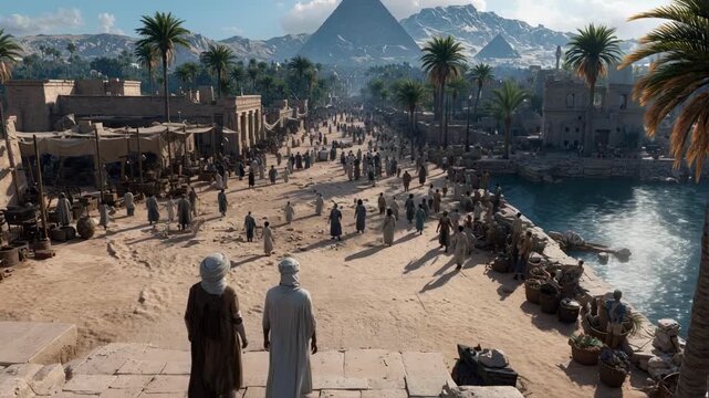 A bustling street scene in ancient egypt with people walking along a market by the river, with the great pyramid in the background, a concept of historical reconstruction and civilization