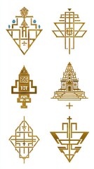 Geometric gold illustrations featuring intricate designs and patterns inspired by ancient architecture, showcasing cultural symbolism and artistic expression in a visually striking format