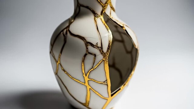 White vase with gold accents, repaired via kintsugi technique, on a neutral background