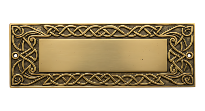 Antique brass nameplate with intricate Celtic knot engraving isolated on transparent background for cultural and traditional European decoration. - Powered by Adobe