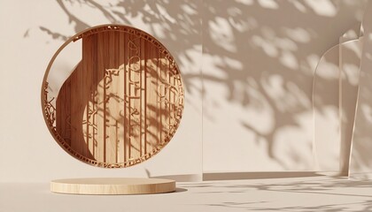Beige wooden podium, sunlight