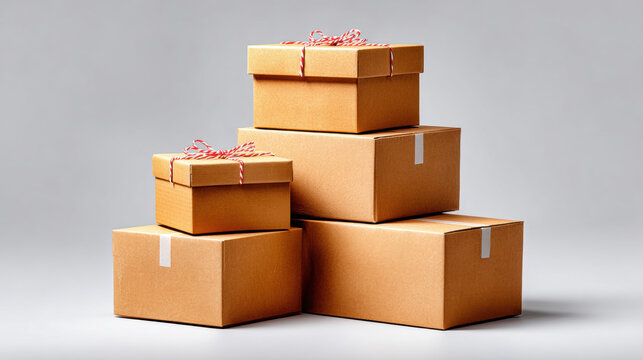 Stacked brown cardboard boxes with red and white string on plain background, neatly arranged for shipping or storage with soft lighting