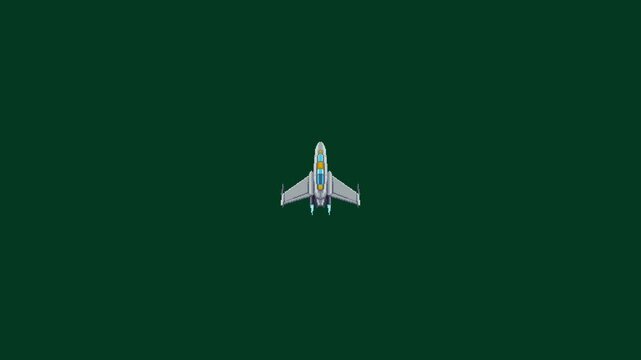 Looping pixel art animation of a retro spaceship on dark green chroma key background, ideal for compositing into any video or game scene.