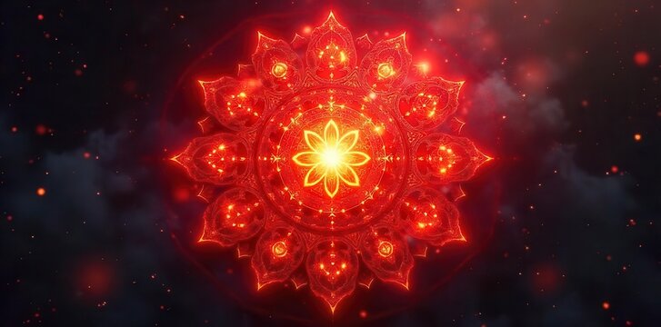 Intricate red mandala, radiating heat, root chakra symbol, warmth, yoga