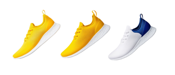Three Sport Shoes Displayed With Yellow And White Colors On Transparent Background