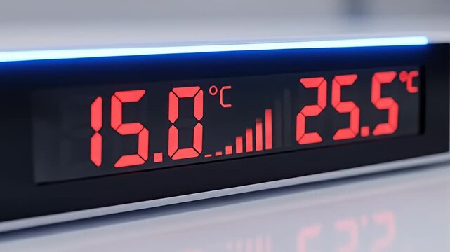 A digital thermometer displays 15.0?C and 25.5?C on a black screen with a blue light