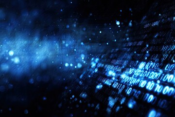 Abstract digital binary code background.  Blurred, glowing blue binary data on dark backdrop