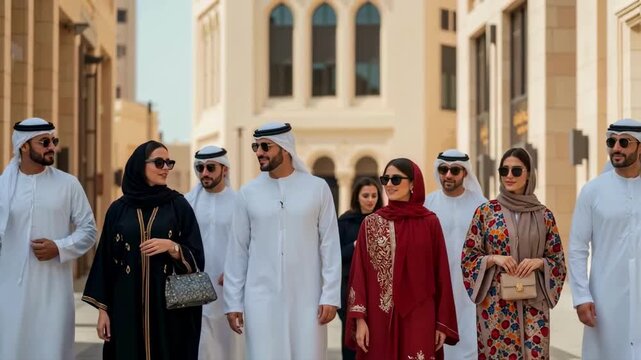 A group of stylish arab men and women in traditional and modern attire walk together on a sunny city street, representing modern middle eastern culture, wealth, and social life