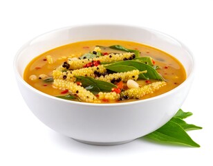 Creamy orange soup with herbs and spices in a white bowl