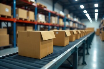 Cardboard boxes moving on a conveyor belt in a warehouse , automation, cardboard