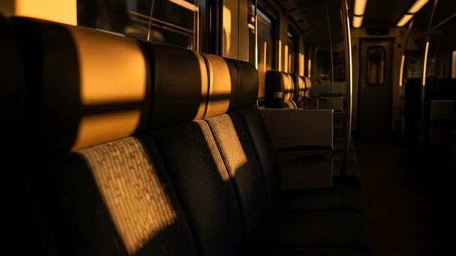 Empty train car interior with seats catching a warm glow from setting sun through windows