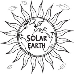 Retro floral art illustration with a happy sun, sunflower, and floral border design