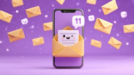 Eleven new messages await! A cheerful, cartoonish email icon pops on a smartphone screen, promising exciting news and updates against a calming purple backdrop.