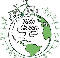 Vector illustration of a green bicycle with a world map symbol, a concept for eco-friendly global transportation