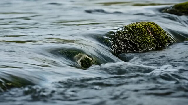 Mossy stones interrupt the blurred stream, water flowing over and around obstacles