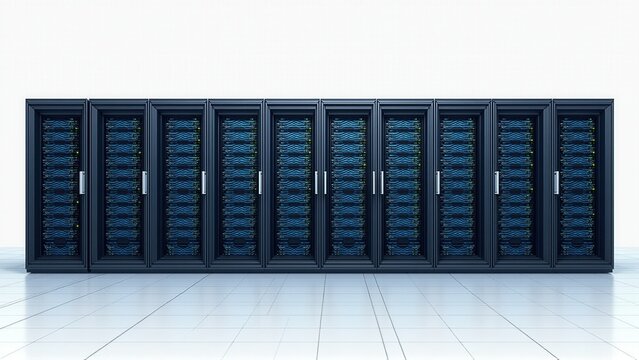 A symmetrical row of dark data servers stands on a clean tile floor in a white data center.