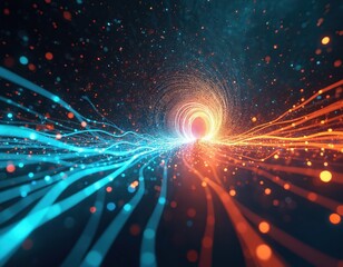 Abstract data stream visualization with flowing digital information in blue, orange colors. Complex network pattern of glowing curves, particles suggests technology, connectivity, futuristic growth.