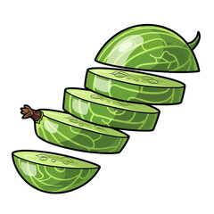 A cartoon illustration of a green, sliced cucumber or gooseberry with distinct vein patterns on a white background.