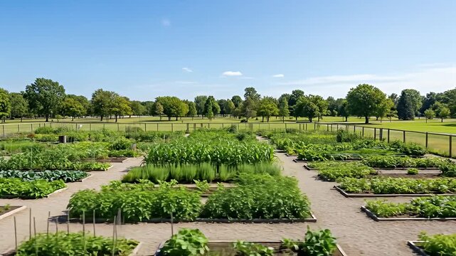 An aerial view of a lush community garden under a clear blue sky with green trees