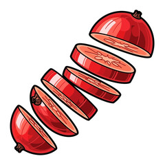 A vibrant illustration of a red fruit sliced into multiple rounds, showcasing its fresh texture and juicy interior.