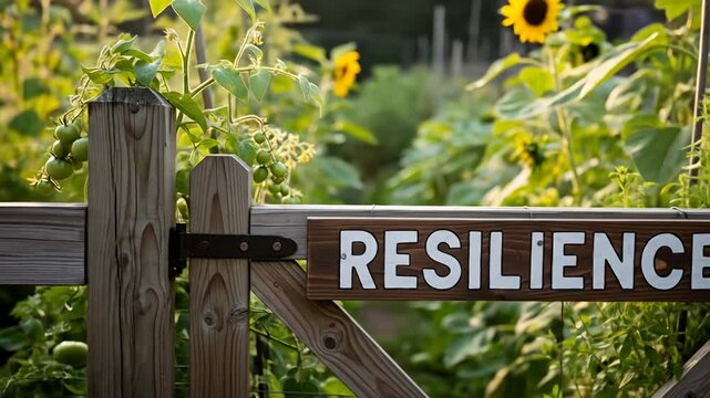 Wooden gate in a garden reads 'RESILIENCE' with greenery and sunflowers blurred in background