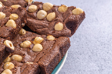 Homemade chocolate brownie photography . Top view on rustic background.Rich chocolate brownie , showcasing its dense texture and glossy surface, professional food photography, 