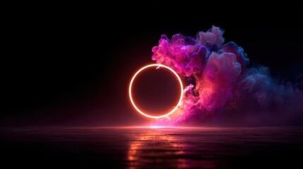 Glowing neon circle and fantasy smoke creating an abstract scene on a dark background.