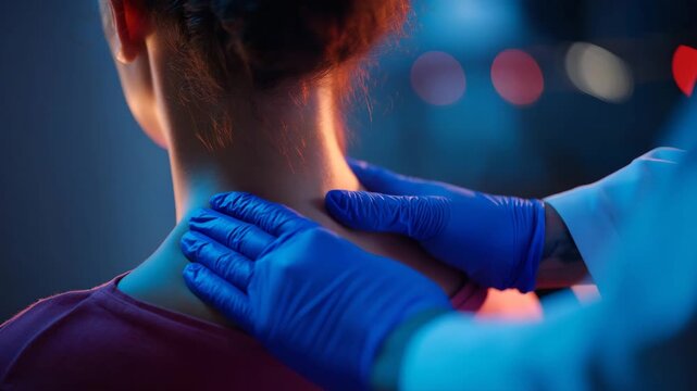 Doctor in blue gloves gently palpating female patient neck during clinical checkup, healthcare examination video with cinematic blue light tones for hospital ads, health education, and wellness presen