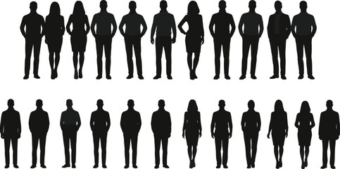 Business people silhouettes, corporate team illustration, office staff vector, standing man woman icons, professional group graphic, human figure outline, company workforce design
