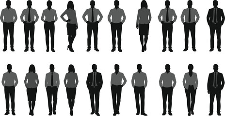 Business people silhouettes, corporate team vector, office staff illustration, professional group icons, man woman standing graphic, workforce design, human figure outline