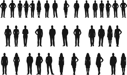 Business people silhouettes, corporate team illustration, office workers vector, standing man woman icons, professional group design, human figure outline, staff graphic