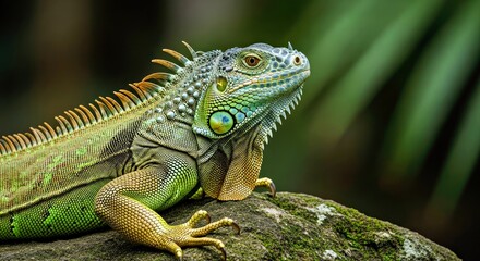 Fototapeta premium Majestic Green Iguana Portrait on Sun-Drenched Rock with Overcast Light