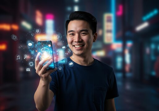 Smiling Asian Man Holding Phone with Digital Interface Overlay in a Cityscape
