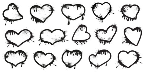 Obraz premium Graffiti heart collection. Black and white hearts with paint splashes and ink drops create a modern urban street style