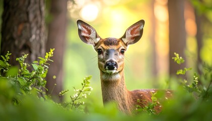 A serene fawn gazes directly at the camera, surrounded by vibrant greenery and dappled sunlight in a tranquil forest setting.