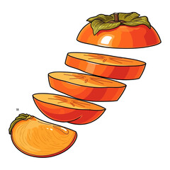 A persimmon fruit, sliced and levitating, in a vibrant illustration.