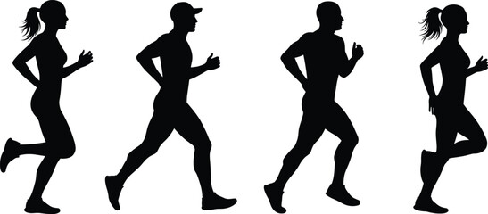Running silhouettes of men and women, jogging athletes vector, fitness workout illustration, marathon training design, healthy lifestyle, sport exercise artwork
