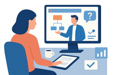 Person is engaged in online learning session, watching presentation on computer screen while taking notes on tablet. scene conveys sense of focus and productivity