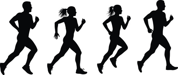 Running silhouettes, jogging man woman, sport exercise, outdoor training, fitness activity, marathon runners, workout illustration, athlete jogging, healthy lifestyle, black vector design